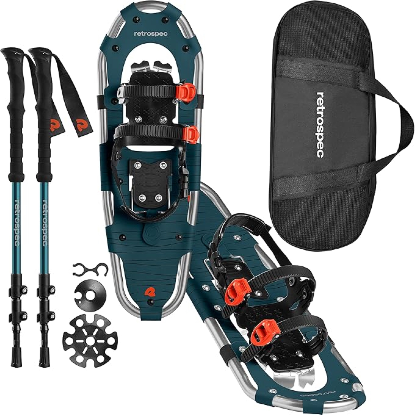Amazon product shot of the Retrospec Drifter Snowshoes with poles and bag.